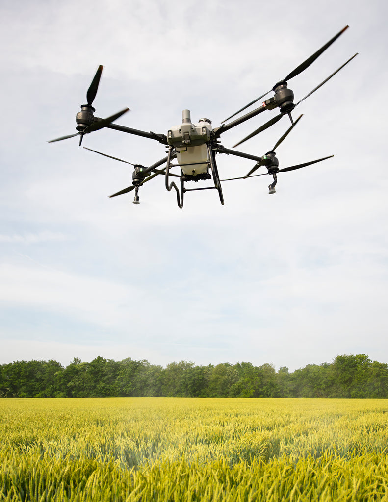 DJI Wide Angle Shot of Agras T40 Spraying Wheat